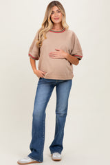 Beige Contrast Trim Short Sleeve Maternity Pullover