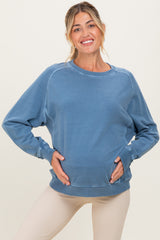 Denim Blue French Terry Vintage Wash Maternity Pullover