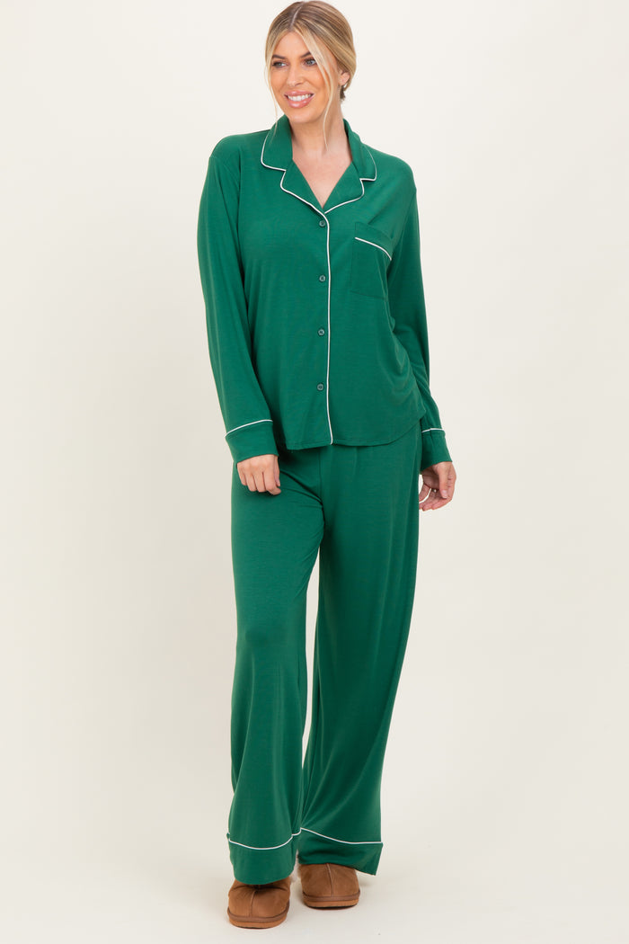 Green Button Down Top Wide Leg Pant Maternity Pajama Set