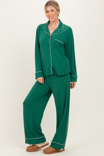 Green Button Down Top Wide Leg Pant Pajama Set