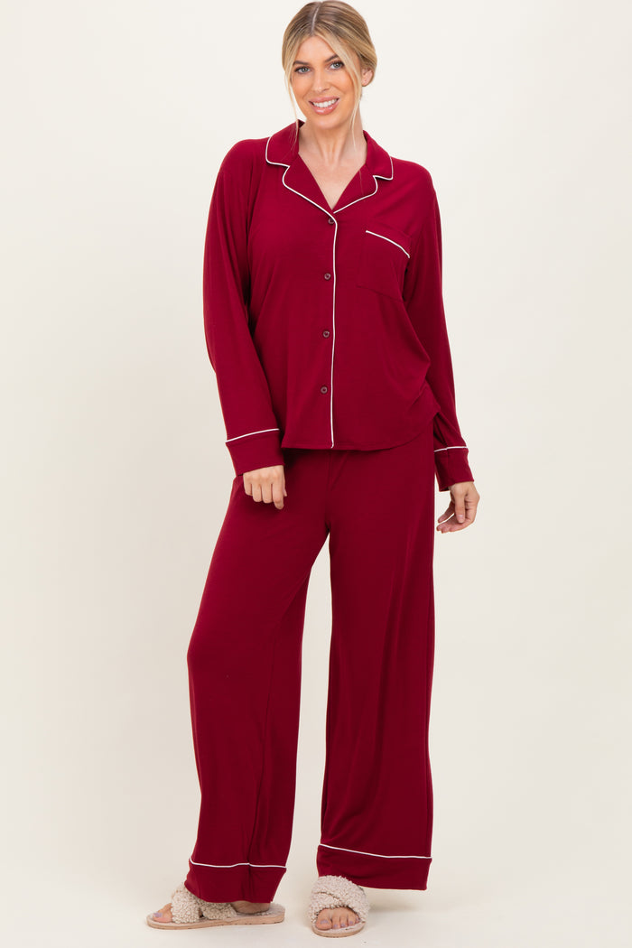 Burgundy Button Down Top Wide Leg Pant Pajama Set