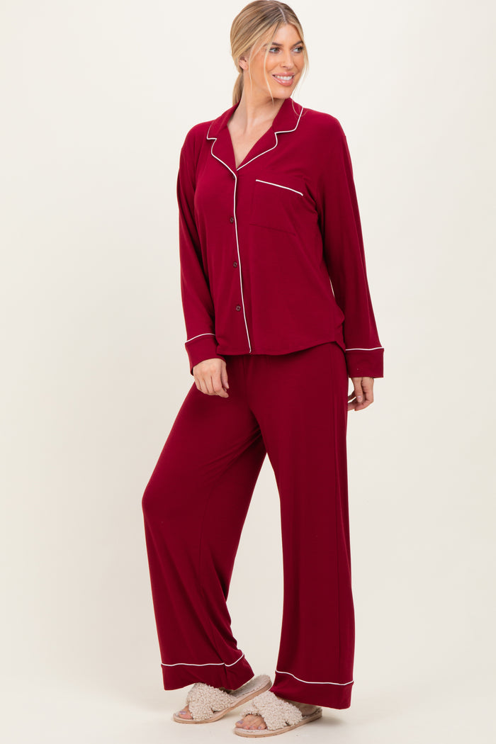 Burgundy Button Down Top Wide Leg Pant Pajama Set