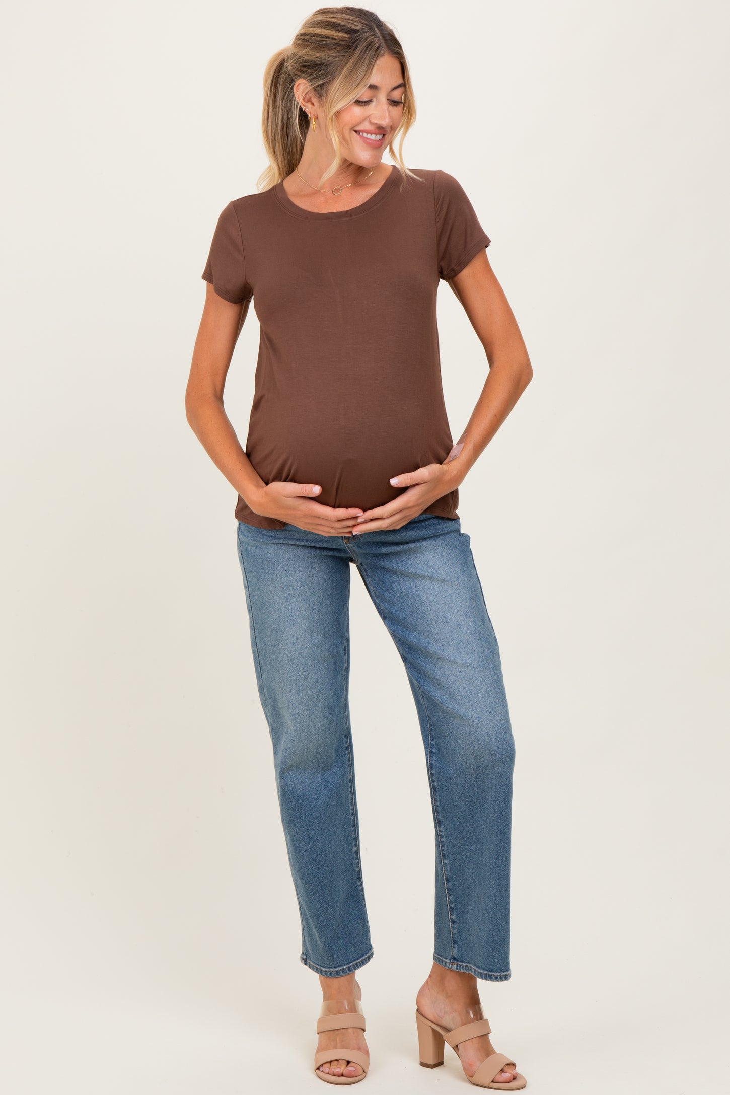 Brown Basic Short Sleeve Maternity Top