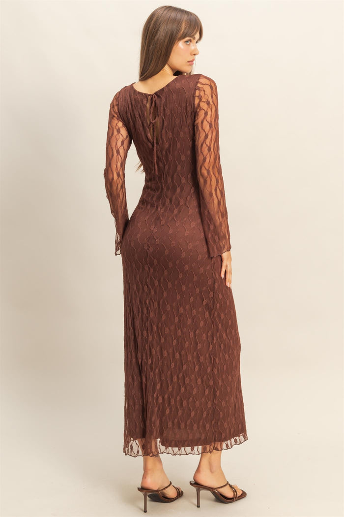 Brown Lace Overlay Fitted Maxi Dress