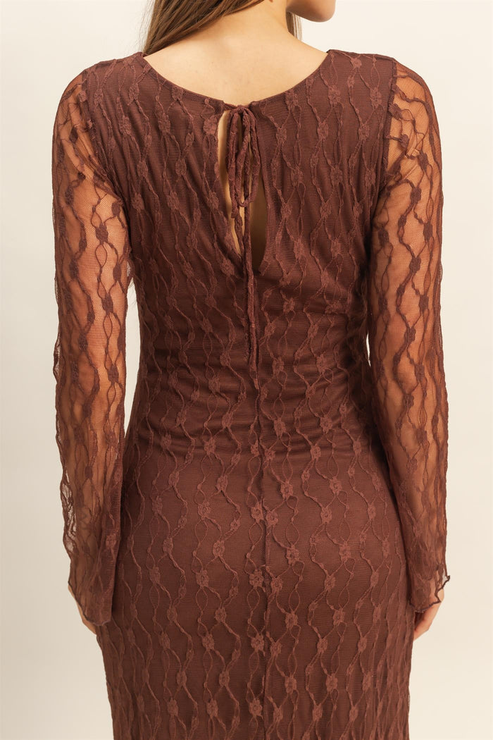 Brown Lace Overlay Fitted Maxi Dress