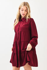 Burgundy Balloon Sleeve Tiered Shirt Dress