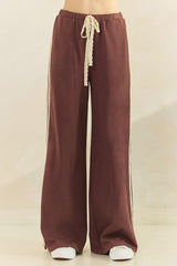 Brown Lace Stripe Drawstring Lounge Pants