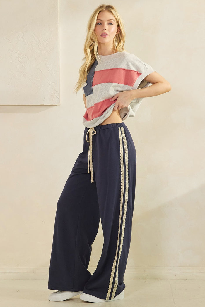Navy Lace Stripe Drawstring Maternity Lounge Pants