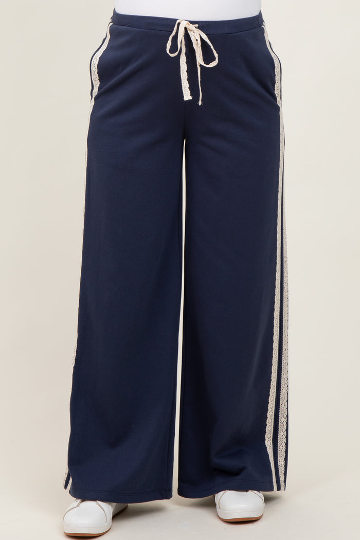 Navy Lace Stripe Drawstring Maternity Lounge Pants