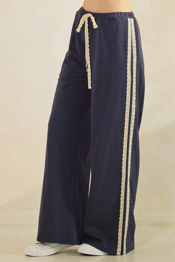 Navy Lace Stripe Drawstring Lounge Pants