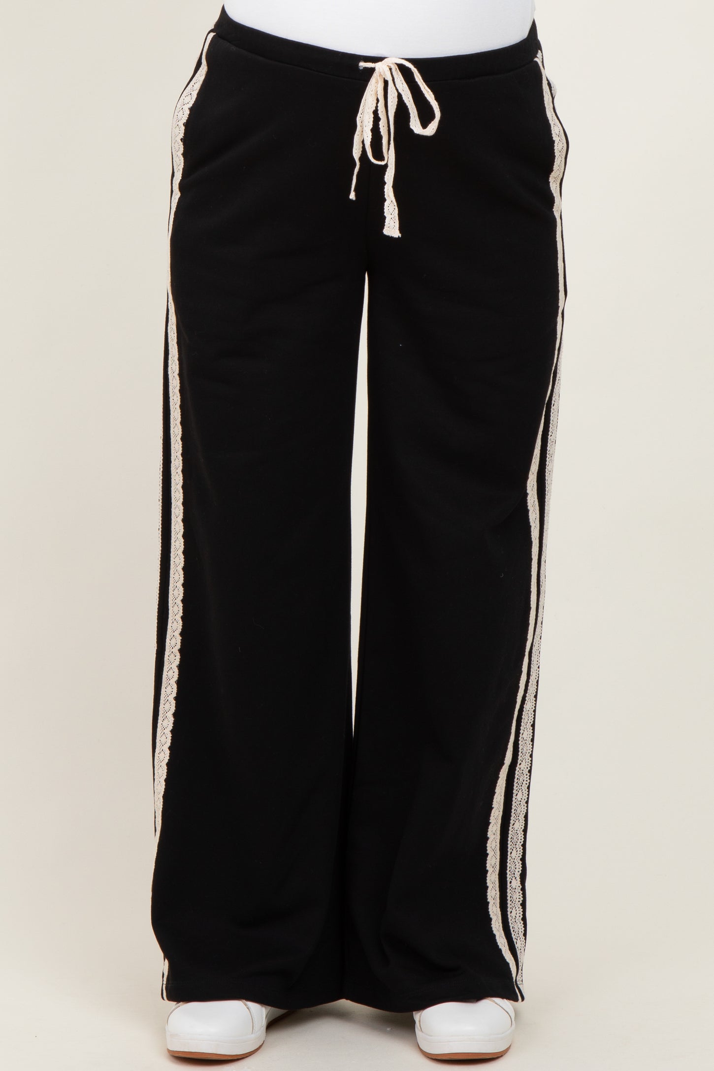 Black Lace Stripe Drawstring Maternity Lounge Pants