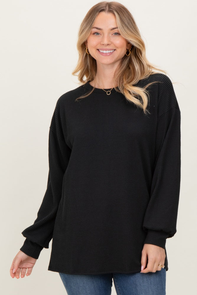 Black Puff Sleeve Solid Ribbed Top