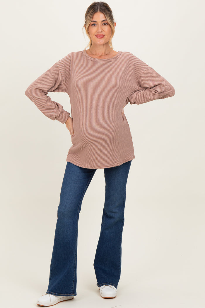 Taupe Puff Sleeve Solid Ribbed Maternity Top