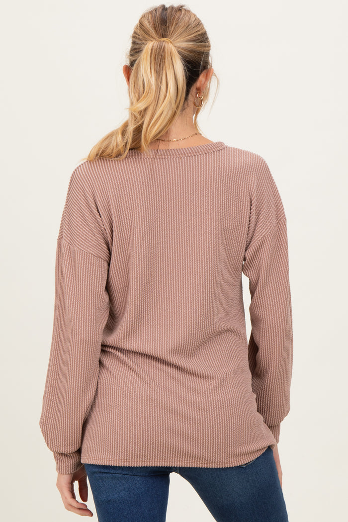 Taupe Puff Sleeve Solid Ribbed Maternity Top