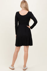 Black Scoop Neck Long Sleeve Waist Tie Dress