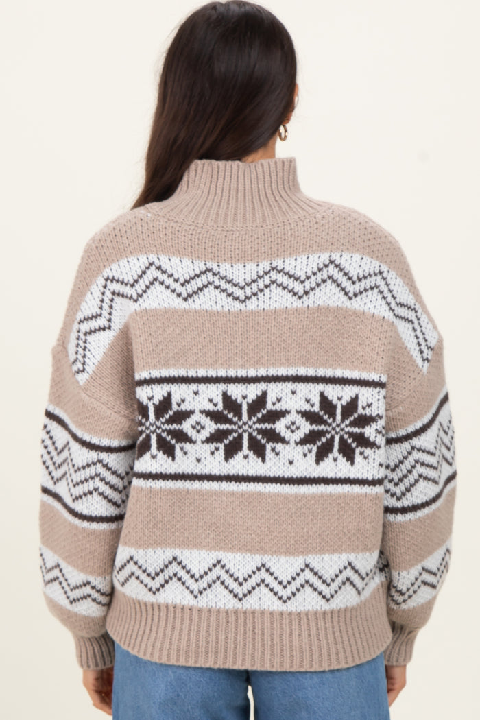 Brown Fair Isle Print Zip Up Sweater Jacket