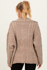 Beige Cable Knit Collared Maternity Button Up Cardigan