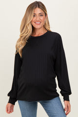 Black Ribbed Knit Bubble Sleeve Maternity Pullover Top