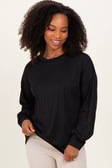 Black Ribbed Knit Bubble Sleeve Pullover Top