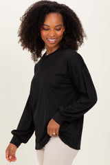 Black Ribbed Knit Bubble Sleeve Pullover Top