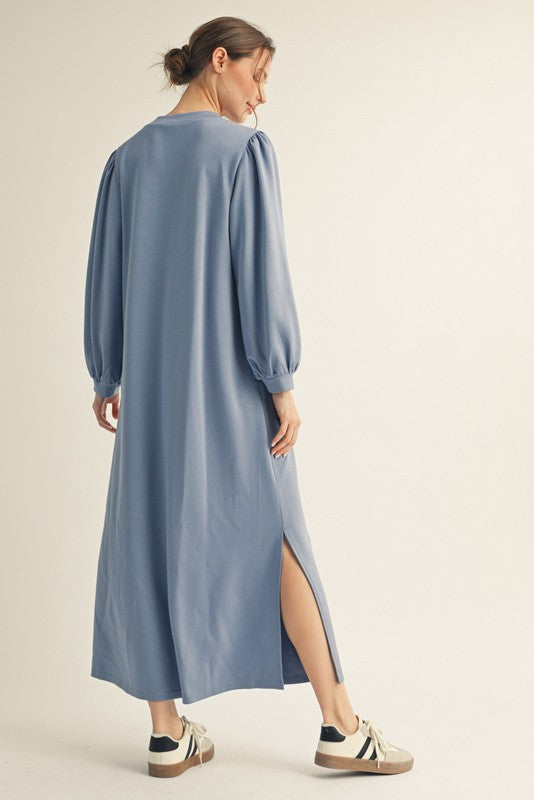 Blue Side Slit Detail Solid Midi Dress