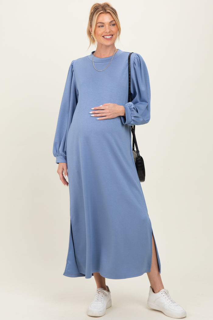 Blue Side Slit Detail Solid Maternity Midi Dress