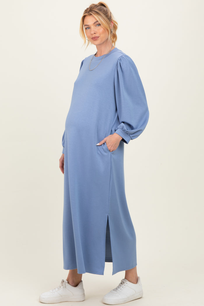 Blue Side Slit Detail Solid Maternity Midi Dress
