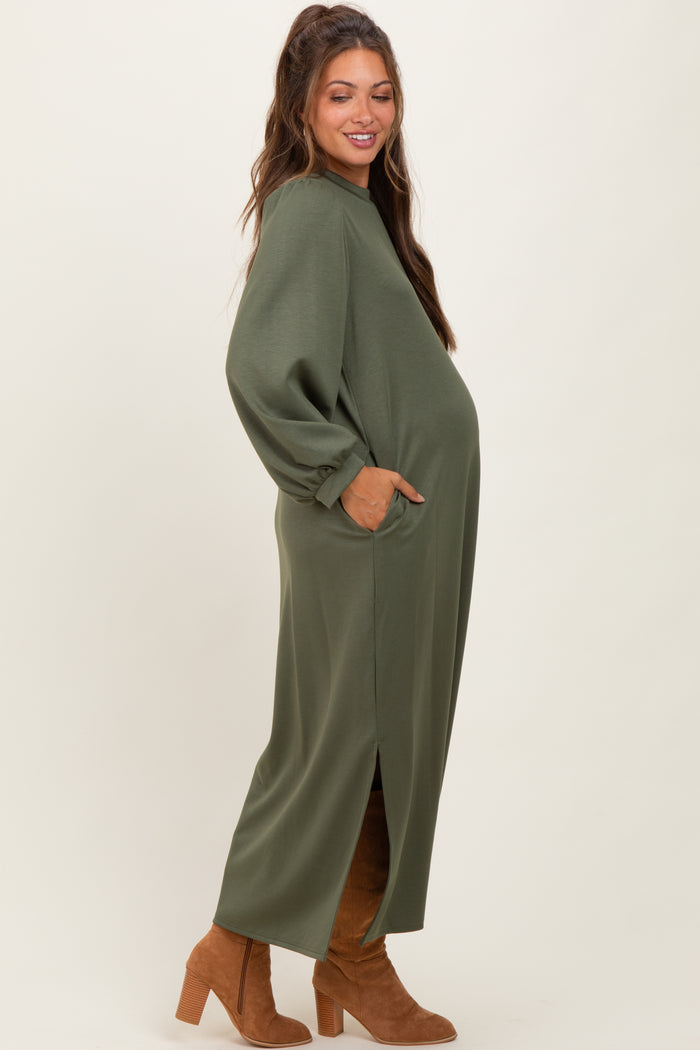 Olive Side Slit Detail Solid Maternity Midi Dress