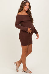 Brown Off The Shoulder Knit Sweater Maternity Mini Dress