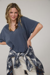 Navy Raw Edge V-Neck Short Sleeve T-Shirt