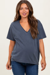 Navy Raw Edge V-Neck Short Sleeve Maternity T-Shirt