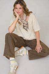 Cream Raw Edge V-Neck Short Sleeve T-Shirt