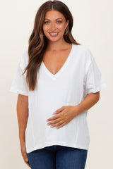 White Raw Edge V-Neck Short Sleeve Maternity T-Shirt