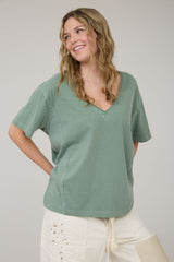 Light Olive Raw Edge V-Neck Short Sleeve T-Shirt