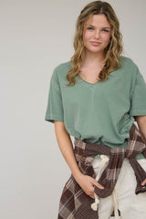 Light Olive Raw Edge V-Neck Short Sleeve T-Shirt