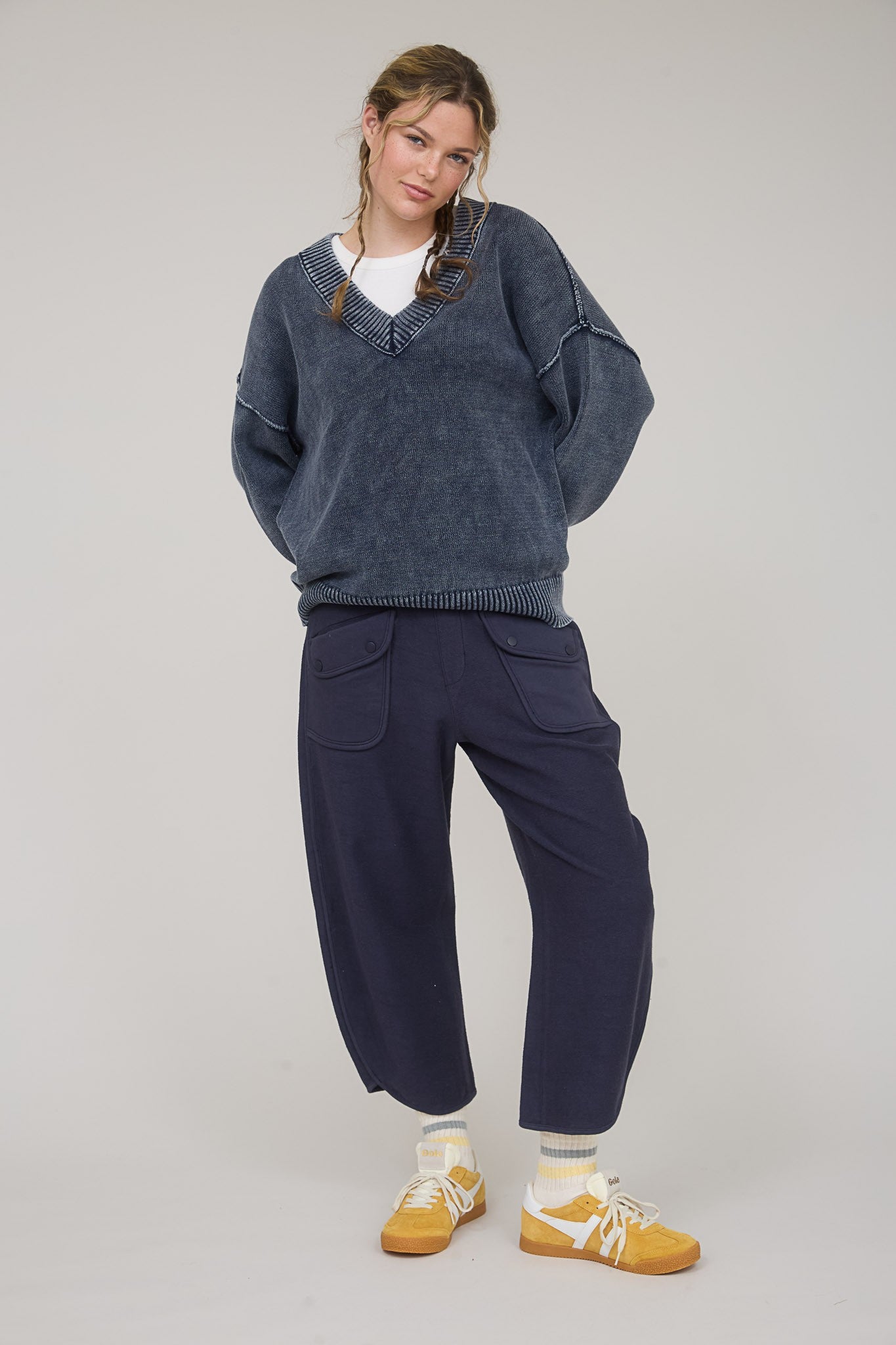Navy Vintage Wash Oversized V-Neck Sweater