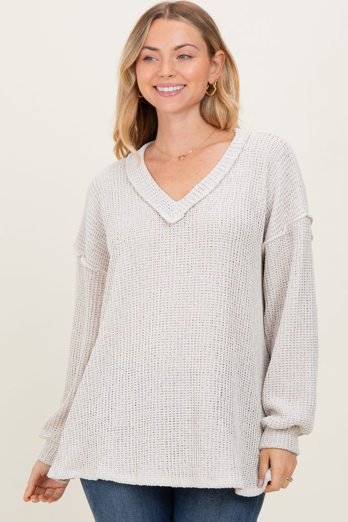 Beige Long Puff Sleeve Solid Oversized Maternity Top