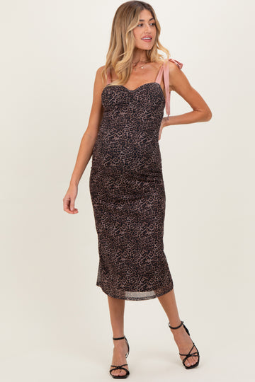 Brown Animal Print Mesh Shoulder Tie Maternity Dress