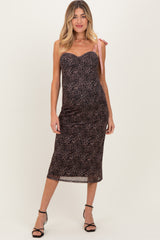 Brown Animal Print Mesh Shoulder Tie Maternity Dress
