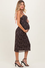 Brown Animal Print Mesh Shoulder Tie Maternity Dress