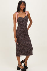 Brown Animal Print Mesh Shoulder Tie Dress