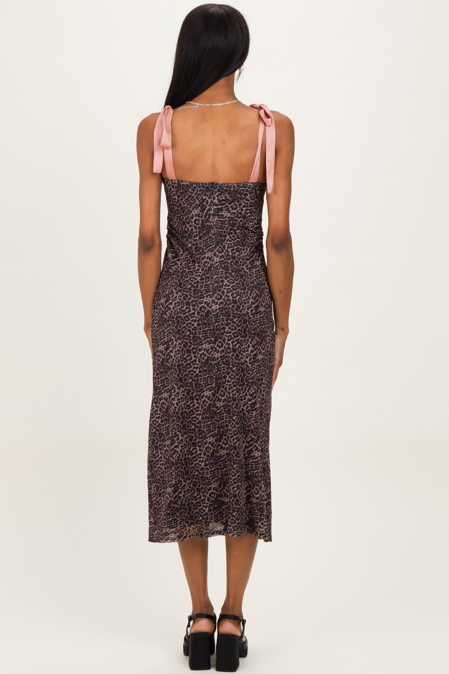 Brown Animal Print Mesh Shoulder Tie Dress