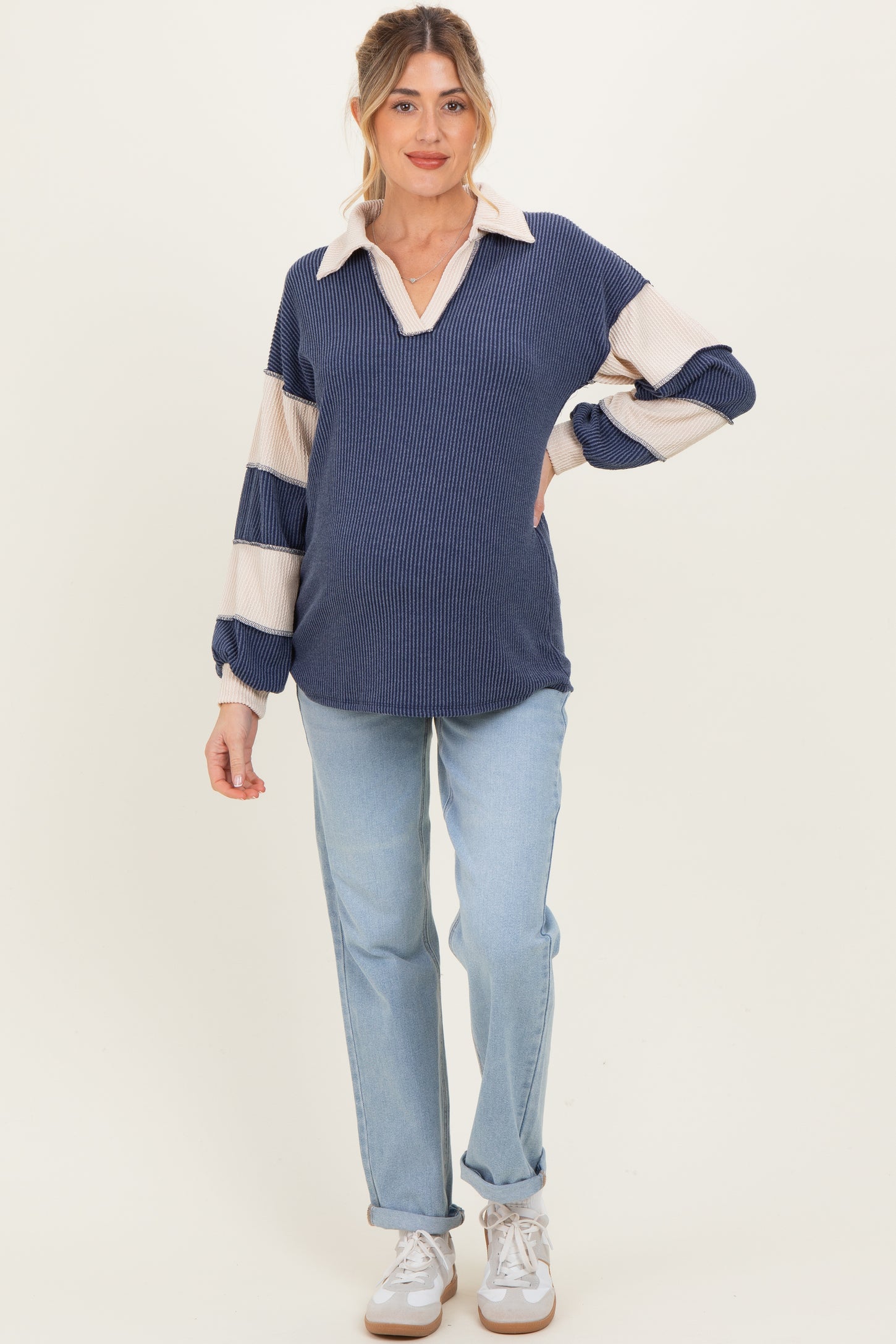 Navy Long Sleeve Collar Solid Contrast Maternity Top
