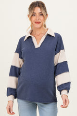 Navy Long Sleeve Collar Solid Contrast Maternity Top