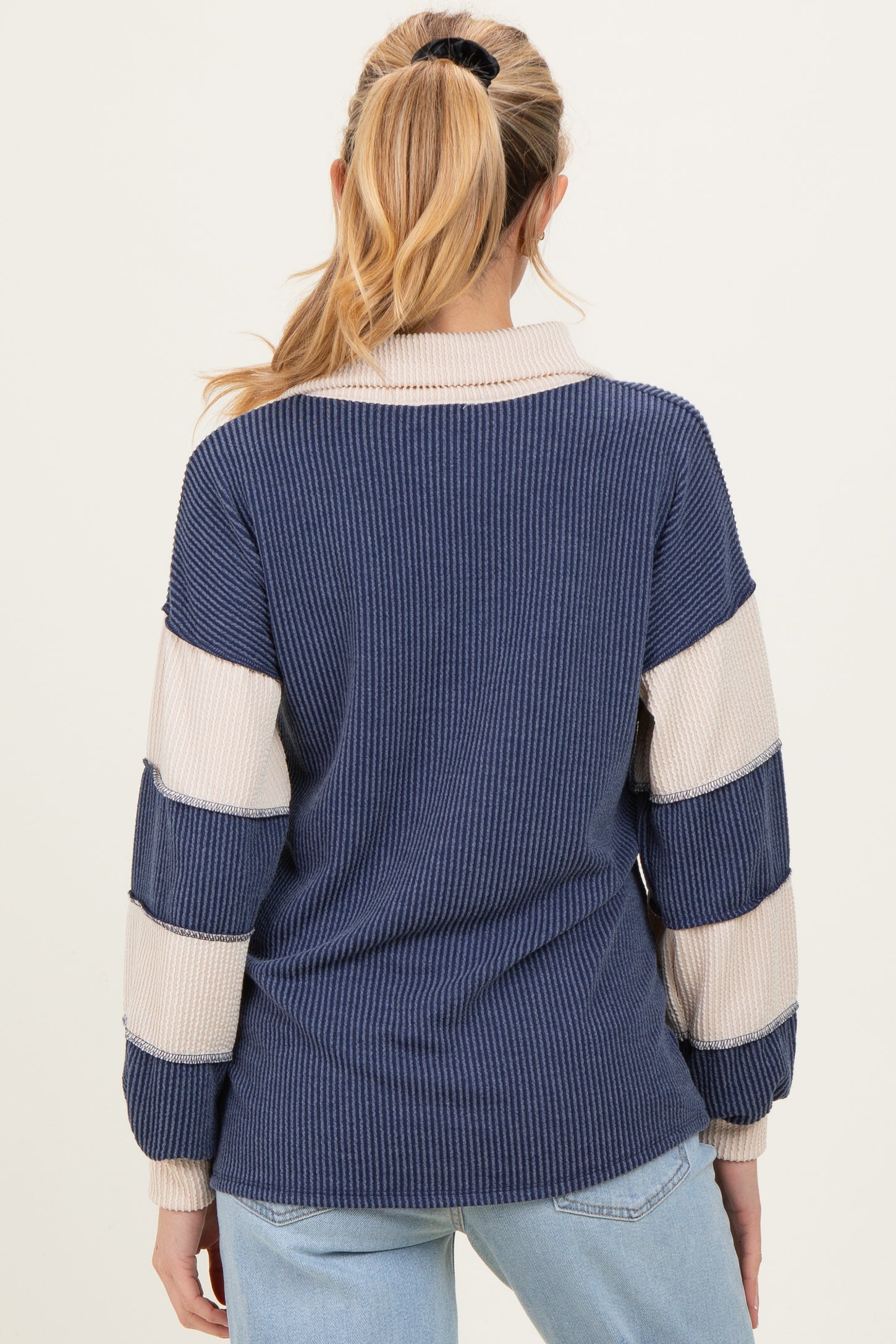 Navy Long Sleeve Collar Solid Contrast Maternity Top