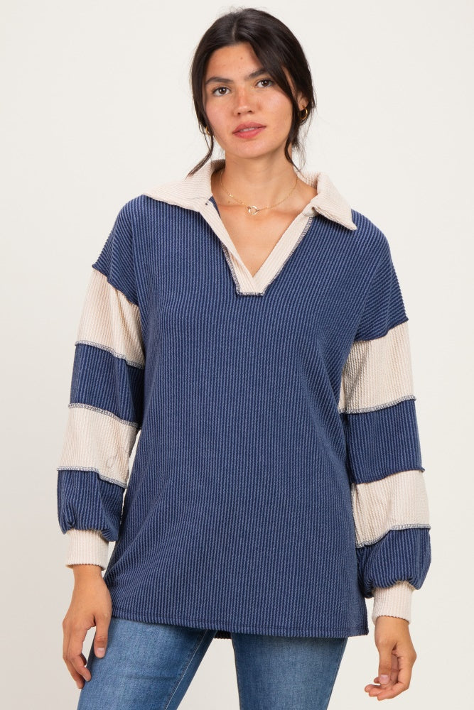 Navy Long Sleeve Collar Solid Contrast Top