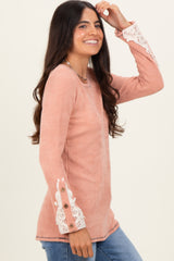Peach Textured Rib Crochet Lace Detail Long Sleeve Top