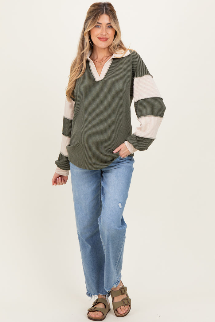 Olive Long Sleeve Collar Solid Contrast Maternity Top
