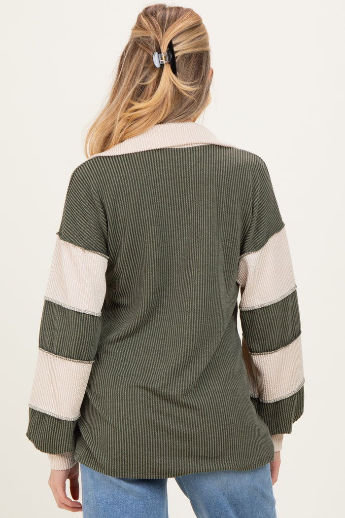 Olive Long Sleeve Collar Solid Contrast Maternity Top