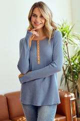 Blue Colorblock Snap Button Henley